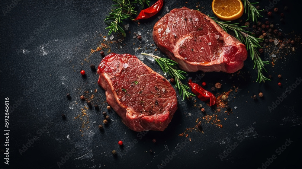 Bringing the Flavor: A Raw Steak on a Dark Stone Background with Copyspace. Ai generated Art. Food Concept Art with lots of Copyspace for your Food Art. Delicous Delight.