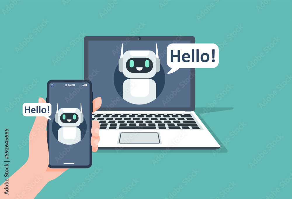 Chatbot application on a computer laptop and smartphone. Artificial intelligence say hello for help service. Chat by ai. Vector illustration flat design for banner, template, and background. Chatbot application on a computer laptop and smartphone. Artificial intelligence say hello for help service. Chat by ai. Vector illustration flat design for banner, template, and background.