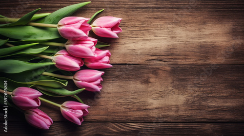 Creating a Cozy Atmosphere: A Tulip Border with Copyspace on a Wooden Background. AI generated Art. Background, Wallpaper, Spring and summer vibes for your Concept with lots of Copyspace.