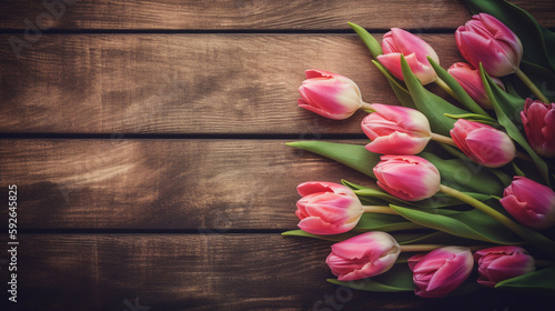 A Touch of Spring  A Bouquet of Pink Tulips with Copyspace on a Wooden Background. AI generated Art. Background  Wallpaper  Spring and summer vibes for your Concept with lots of Copyspace.
