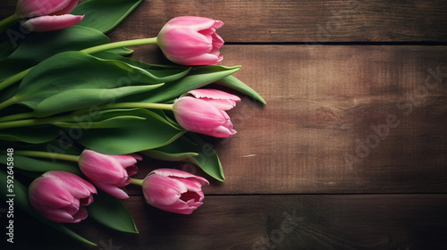 Bringing Warmth to Your Space: A Tulip Border with Copyspace on a Wooden Background. AI generated Art. Background, Wallpaper, Spring and summer vibes for your Concept with lots of Copyspace.