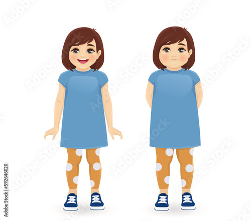 Cute little girl in different weight. Fat and thin female kid isolated on white background vector illustration