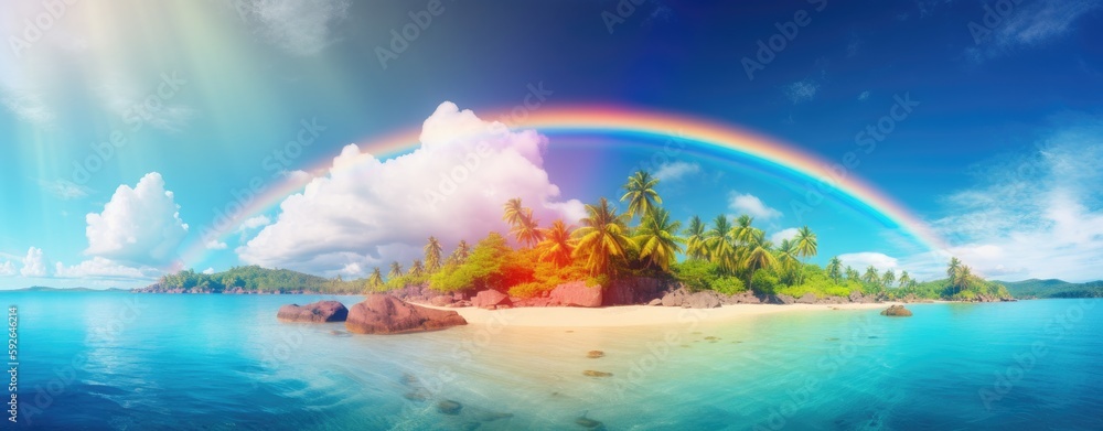 Beautiful Ocean sandy beach with rainbow tropical vacation. Generative Ai.