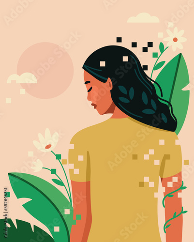 Digital detox. Self care & meditation. Woman outside in nature with pixels. Profile-view with relaxing color palette.