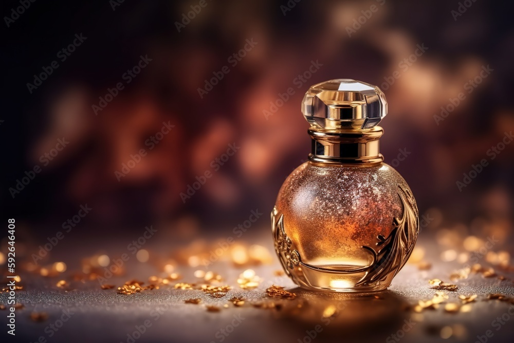Beautiful bottle perfume in golden colors, generative ai Beautiful bottle perfume in golden colors, generative ai