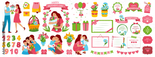 Mother's day. Beautiful woman holds a baby in her arms, mom hugs her children. Set of flat vector icon from design banner or template