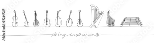 String musical instruments set one line art. Continuous line drawing of guitar, kozobas, kobza, violin, cello, contrabass, harp, musical, tsymbaly, dulcimer with inscription, lettering, handwritten.