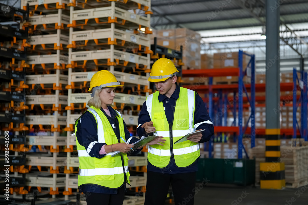 Multiethnic industrial workers checking their logistic lists while working with transportation of goods in warehouse Multiethnic industrial workers checking their logistic lists while working with transportation of goods in warehouse