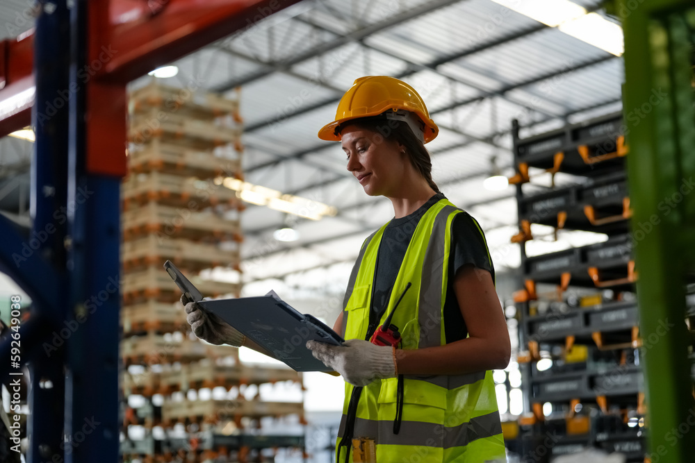 Multiethnic industrial workers checking their logistic lists while working with transportation of goods in warehouse Multiethnic industrial workers checking their logistic lists while working with transportation of goods in warehouse