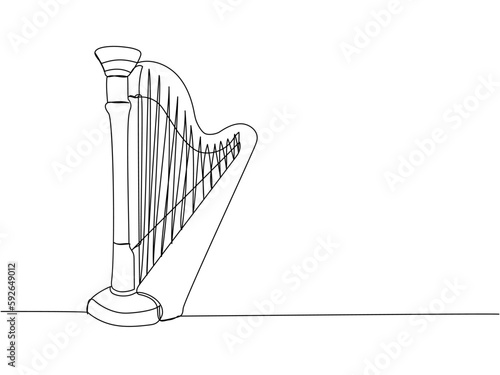 Harp one line art. Continuous line drawing of musical, melody, antique, culture, retro, tune, traditional, symphonic, music, irish, orchestra, greek, lira, lyra, string.