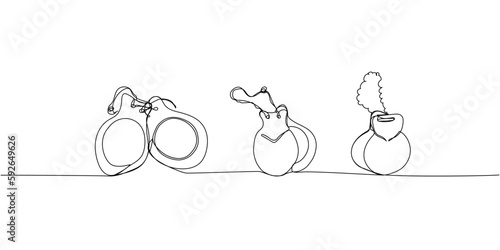 Castanets set one line art. Continuous line drawing of folk, equipment, vintage, click, classic, retro, flamenco, spanish, dance, music, castanet, culture, tambourine.