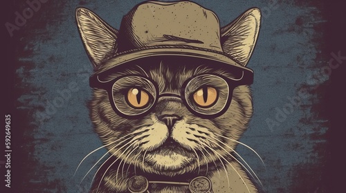Hipster Cute Funny Art Cat Illustration. Generative AI
