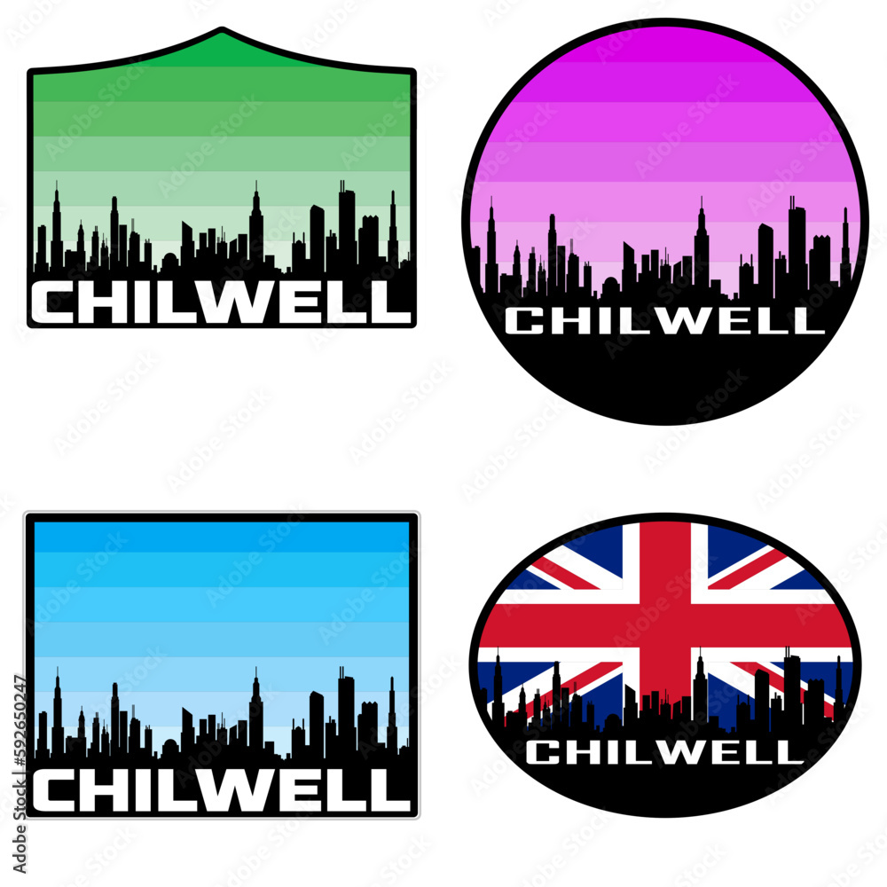 Chilwell Skyline Silhouette Uk Flag Travel Souvenir Sticker Sunset Background Vector Illustration SVG EPS AI