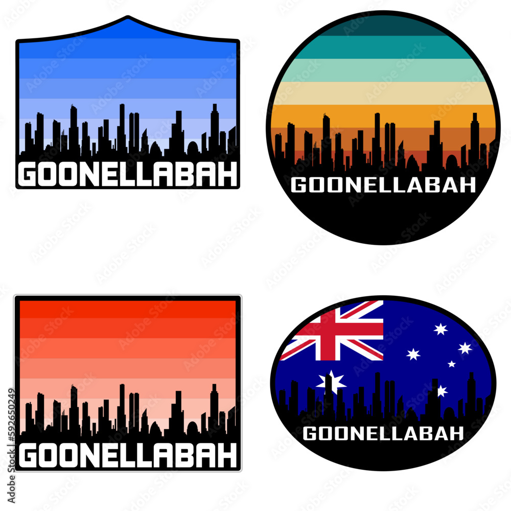 Goonellabah Skyline Silhouette Australia Flag Travel Souvenir Sticker Sunset Background Vector Illustration SVG EPS AI