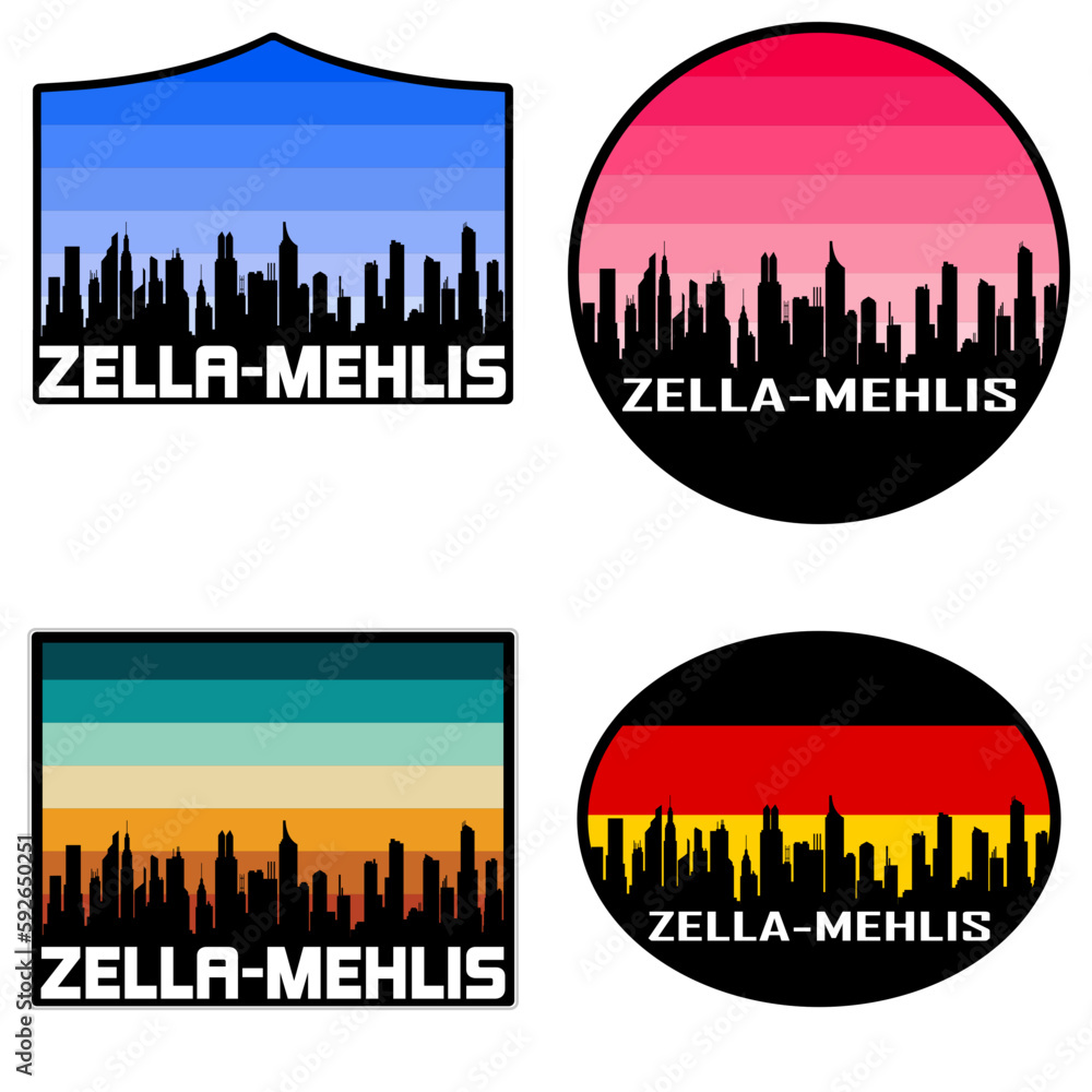 Zella Mehlis Skyline Silhouette Germany Flag Travel Souvenir Sticker Sunset Background Vector Illustration SVG EPS AI