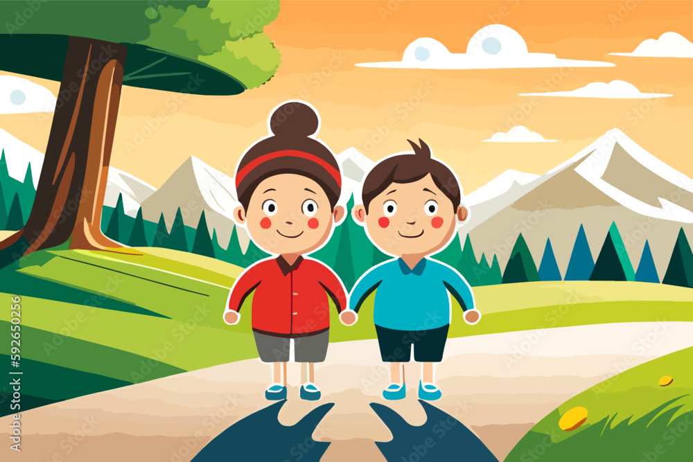 Vector design in flat style, two people are playing in the park to find happiness
