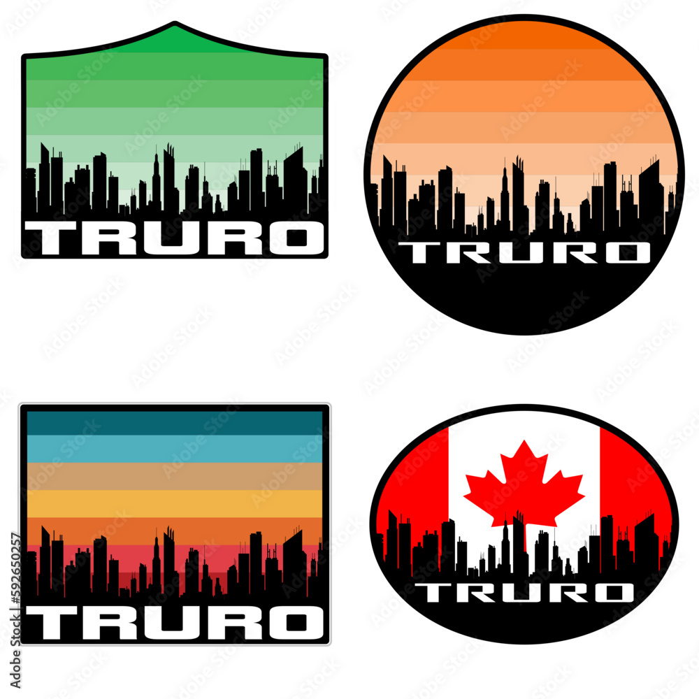 Truro Skyline Silhouette Canada Flag Travel Souvenir Sticker Sunset Background Vector Illustration SVG EPS AI
