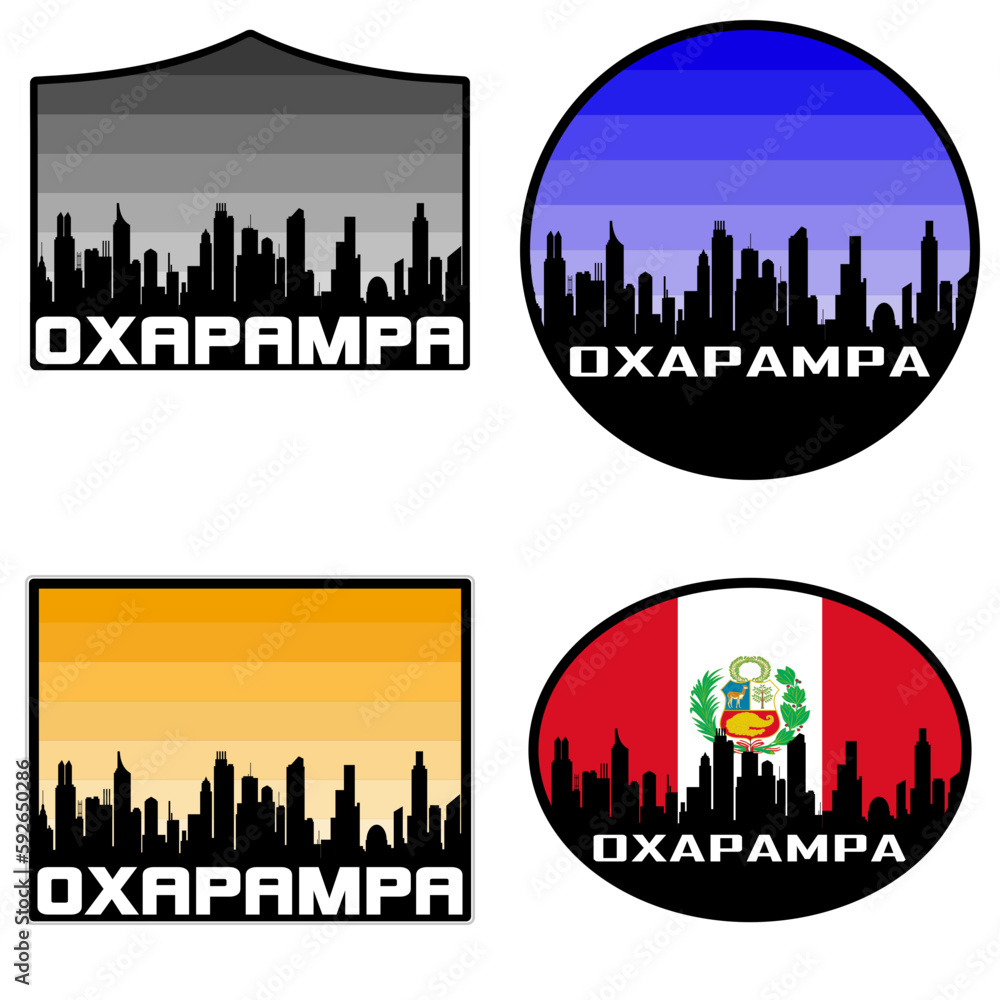 Oxapampa Skyline Silhouette Peru Flag Travel Souvenir Sticker Sunset Background Vector Illustration SVG EPS AI