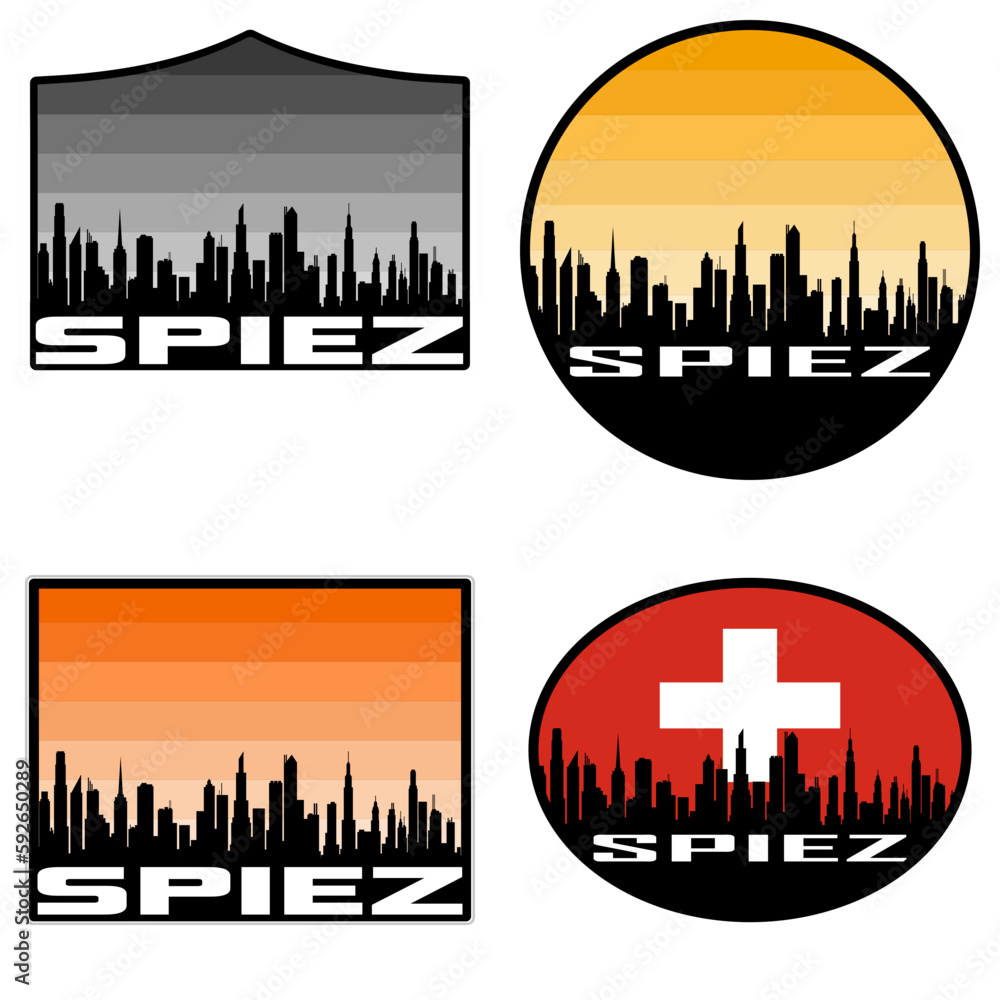 Spiez Skyline Silhouette Switzerland Flag Travel Souvenir Sticker Sunset Background Vector Illustration SVG EPS AI