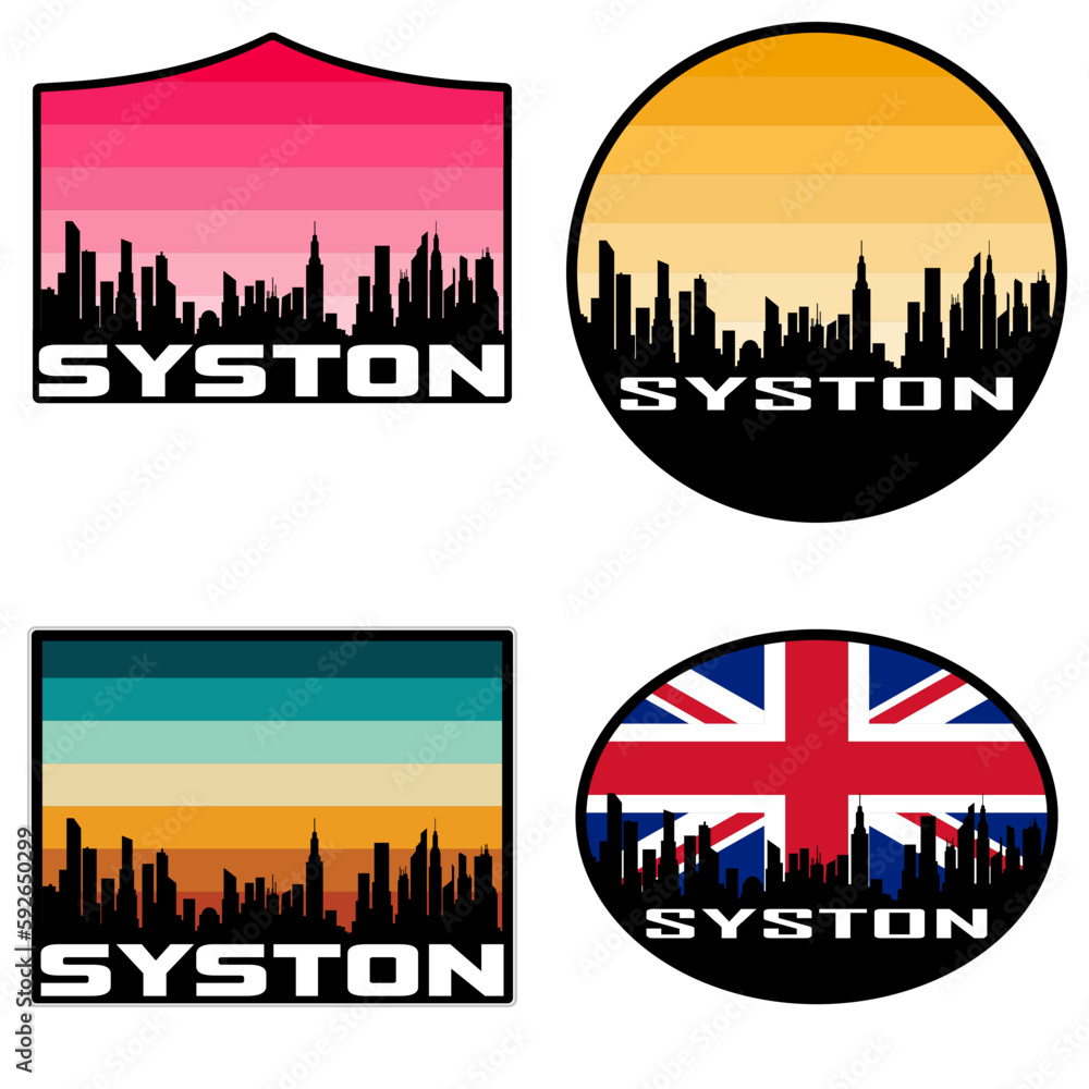 Syston Skyline Silhouette Uk Flag Travel Souvenir Sticker Sunset Background Vector Illustration SVG EPS AI