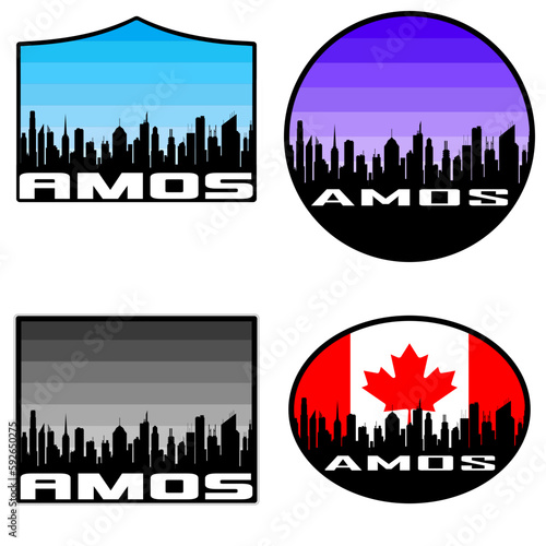 Amos Skyline Silhouette Canada Flag Travel Souvenir Sticker Sunset Background Vector Illustration SVG EPS AI