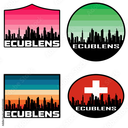 Ecublens Skyline Silhouette Switzerland Flag Travel Souvenir Sticker Sunset Background Vector Illustration SVG EPS AI
