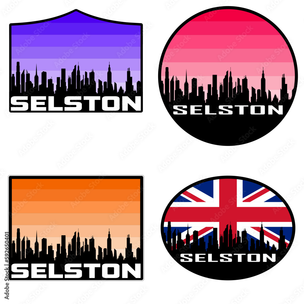 Selston Skyline Silhouette Uk Flag Travel Souvenir Sticker Sunset Background Vector Illustration SVG EPS AI