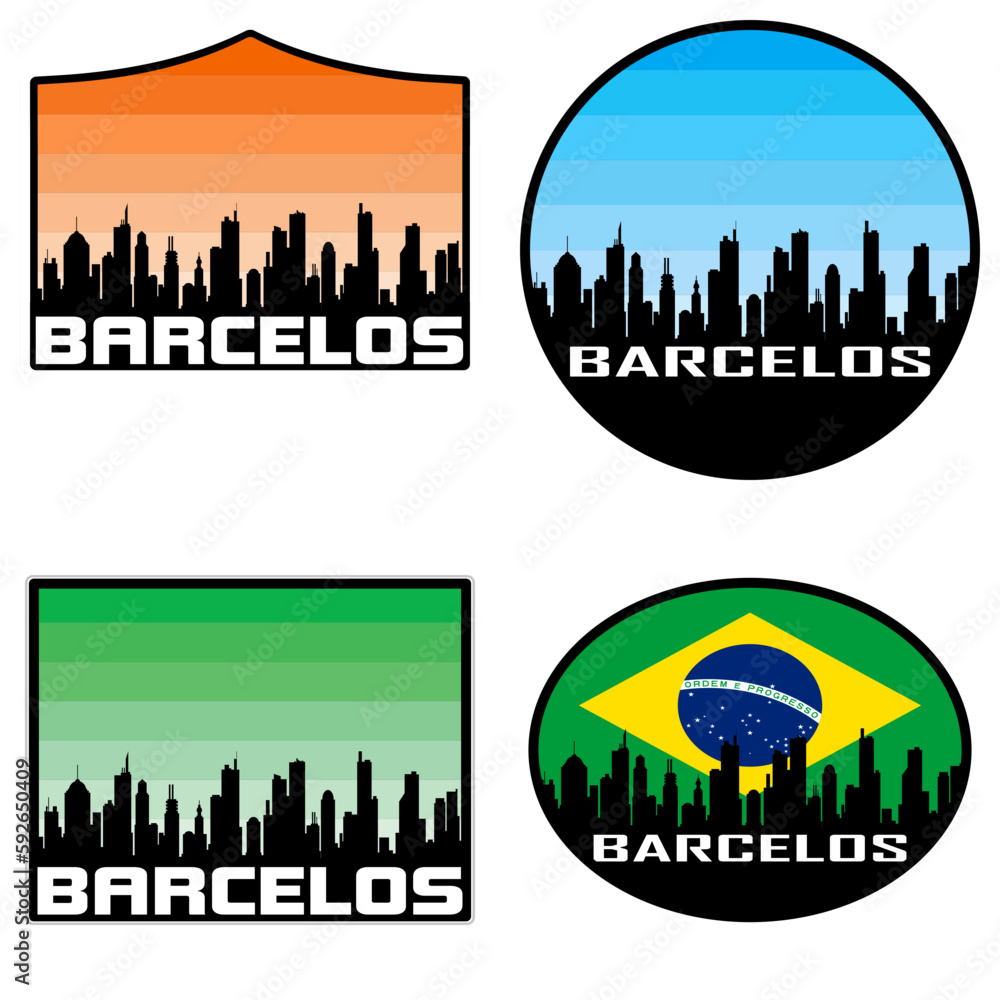 Barcelos Skyline Silhouette Brazil Flag Travel Souvenir Sticker Sunset Background Vector Illustration SVG EPS AI