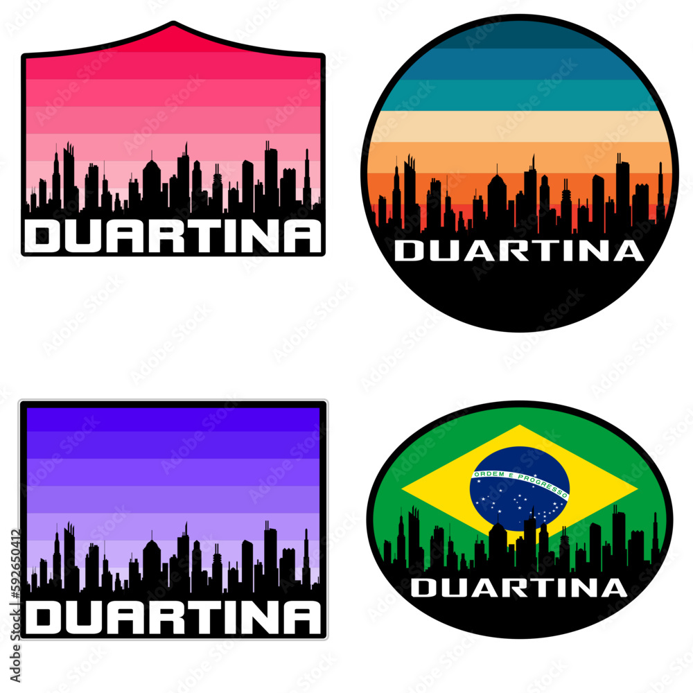 Duartina Skyline Silhouette Brazil Flag Travel Souvenir Sticker Sunset Background Vector Illustration SVG EPS AI