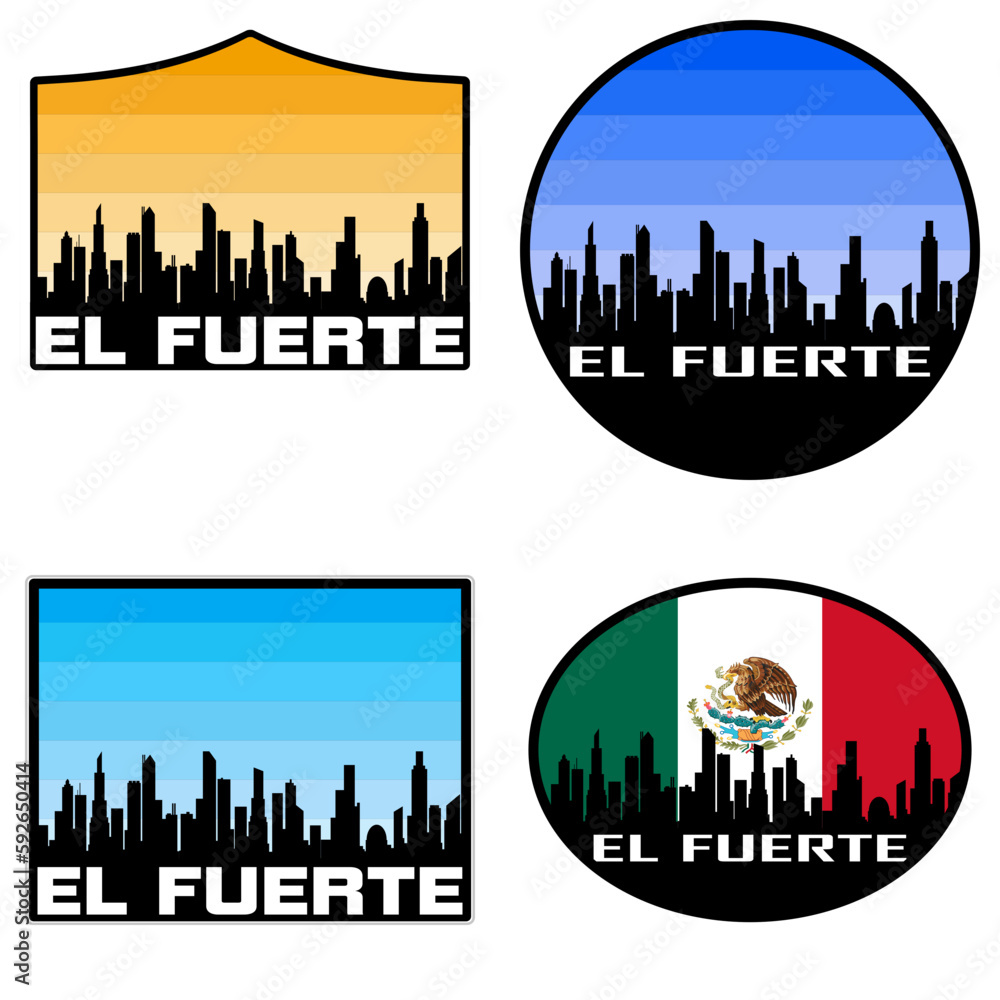 El Fuerte Skyline Silhouette Mexico Flag Travel Souvenir Sticker Sunset Background Vector Illustration SVG EPS AI