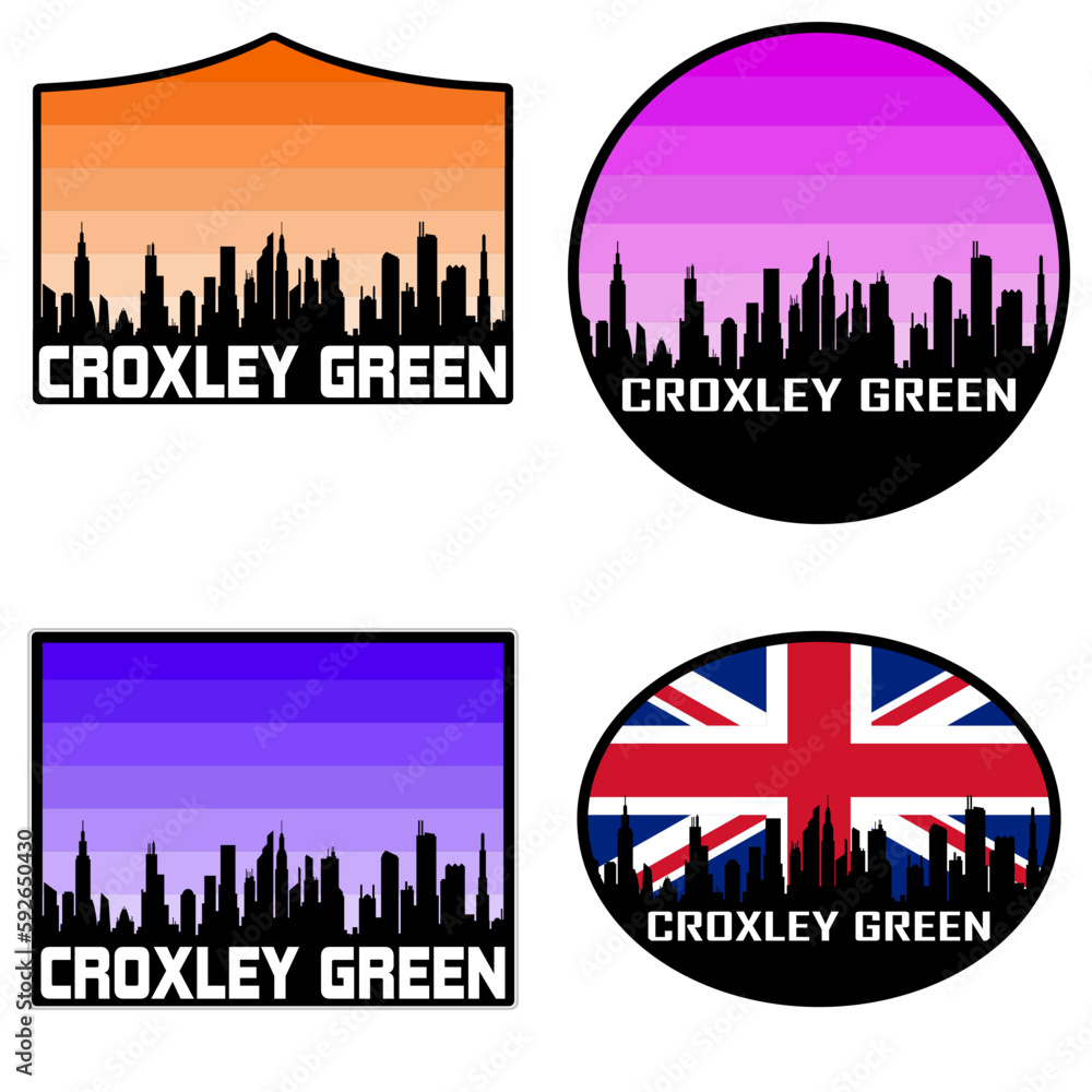 Croxley Green Skyline Silhouette Uk Flag Travel Souvenir Sticker Sunset Background Vector Illustration SVG EPS AI