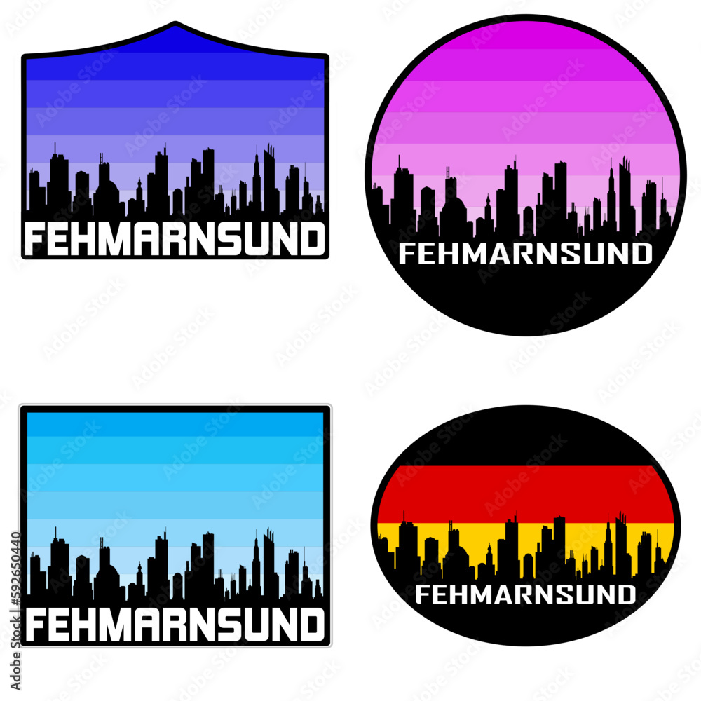 Fehmarnsund Skyline Silhouette Germany Flag Travel Souvenir Sticker Sunset Background Vector Illustration SVG EPS AI
