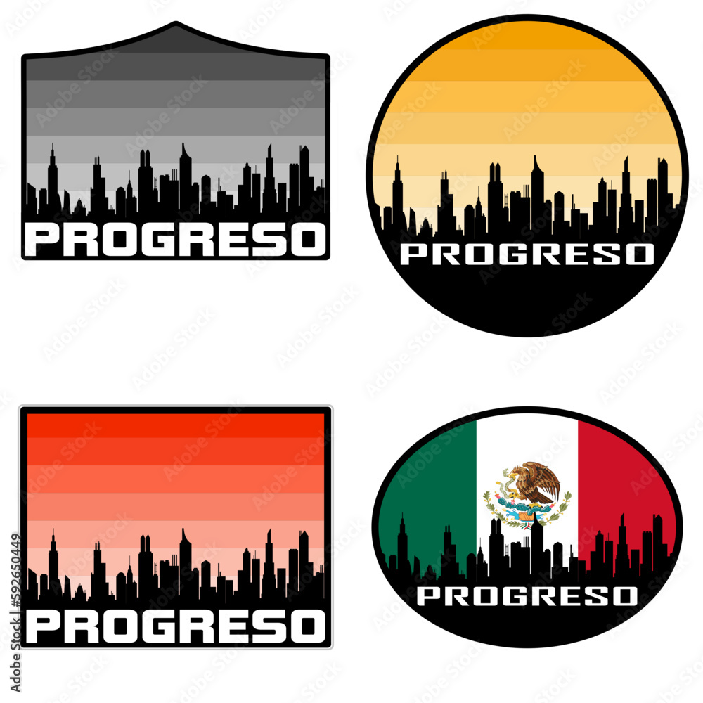 Progreso Skyline Silhouette Mexico Flag Travel Souvenir Sticker Sunset Background Vector Illustration SVG EPS AI