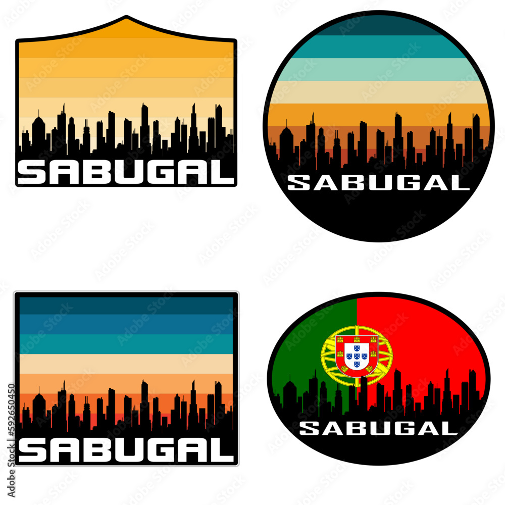 Sabugal Skyline Silhouette Portugal Flag Travel Souvenir Sticker Sunset Background Vector Illustration SVG EPS AI