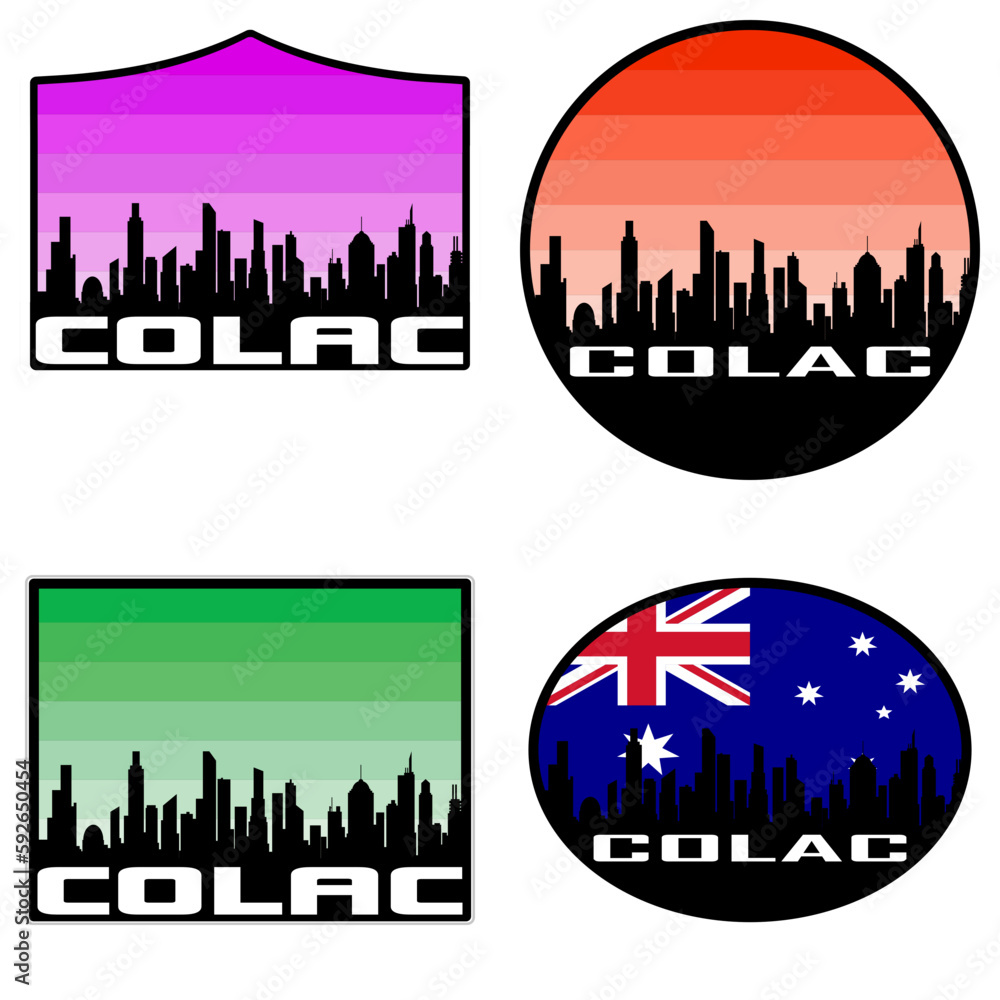 Colac Skyline Silhouette Australia Flag Travel Souvenir Sticker Sunset Background Vector Illustration SVG EPS AI