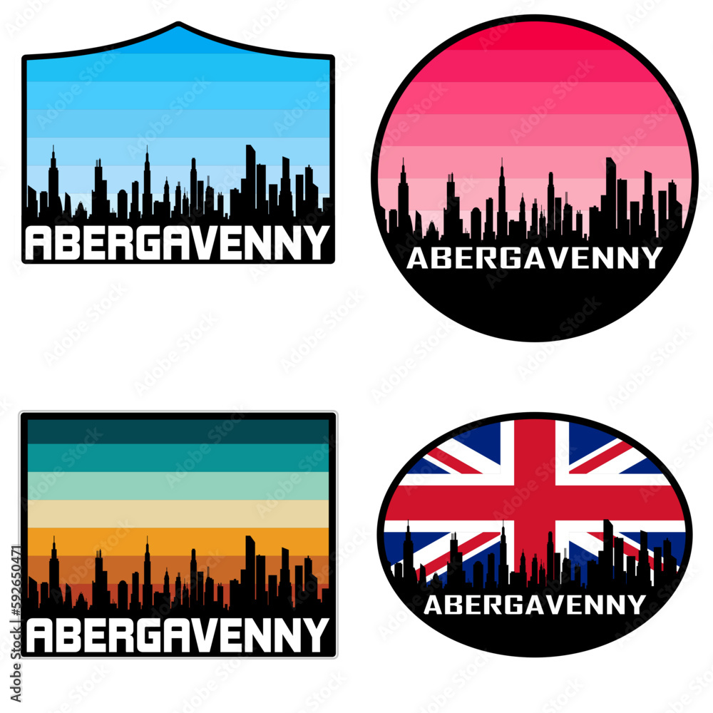 Abergavenny Skyline Silhouette Uk Flag Travel Souvenir Sticker Sunset Background Vector Illustration SVG EPS AI