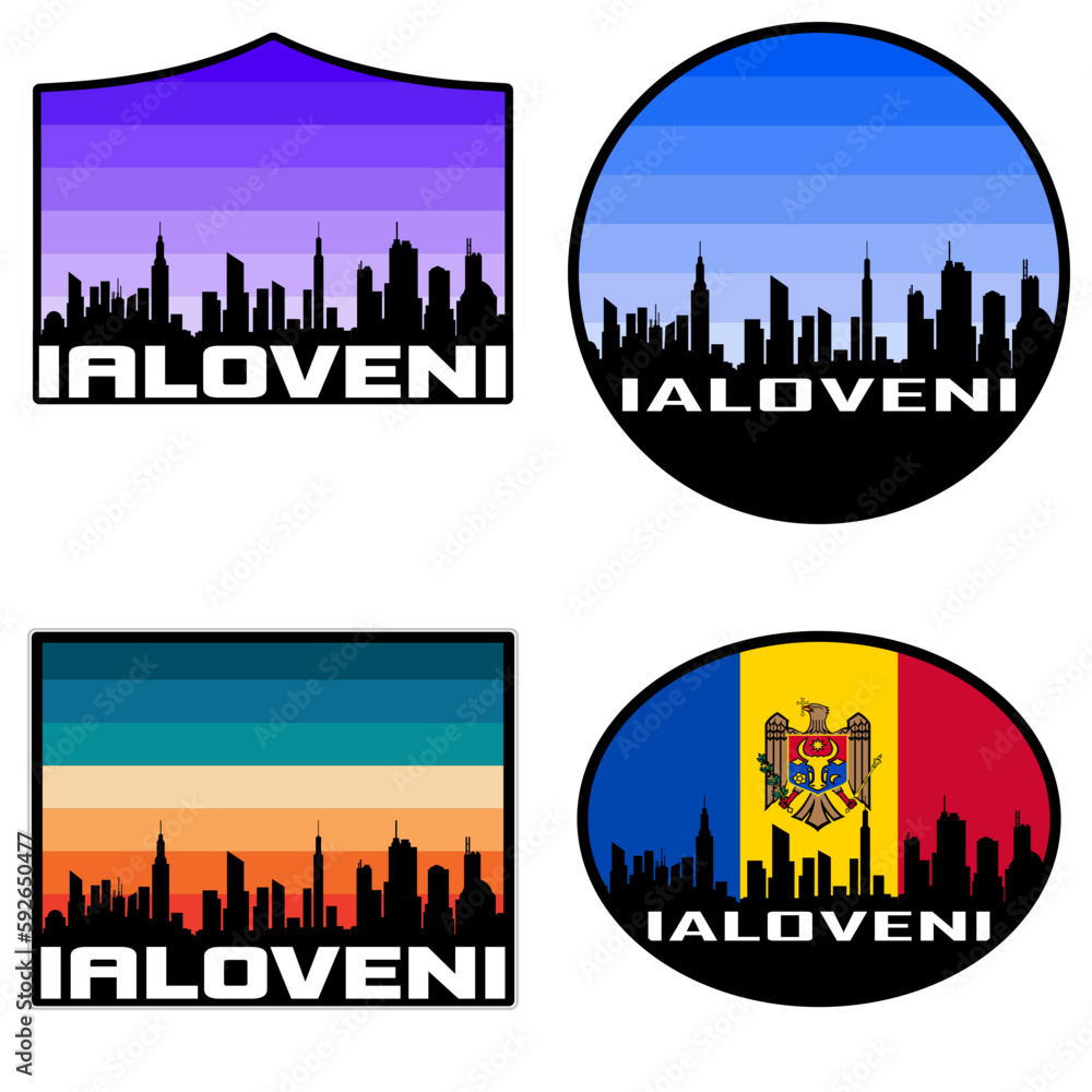 Ialoveni Skyline Silhouette Moldova Flag Travel Souvenir Sticker Sunset Background Vector Illustration SVG EPS AI