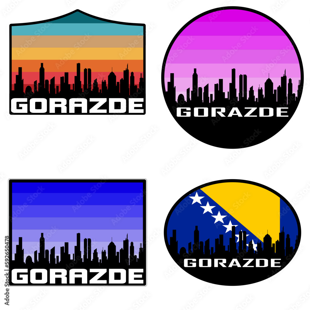 Gorazde Skyline Silhouette Bosnia Flag Travel Souvenir Sticker Sunset Background Vector Illustration SVG EPS AI