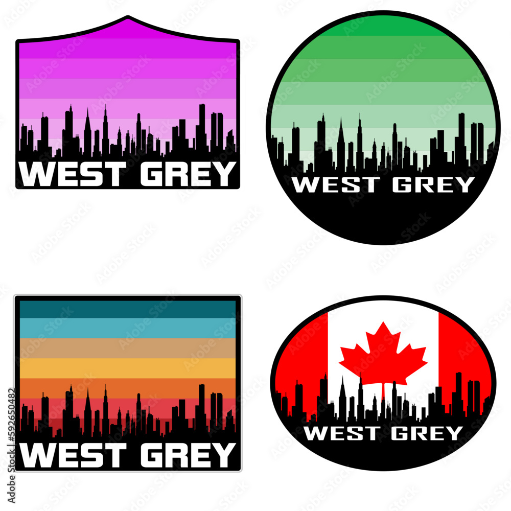 West Grey Skyline Silhouette Canada Flag Travel Souvenir Sticker Sunset Background Vector Illustration SVG EPS AI