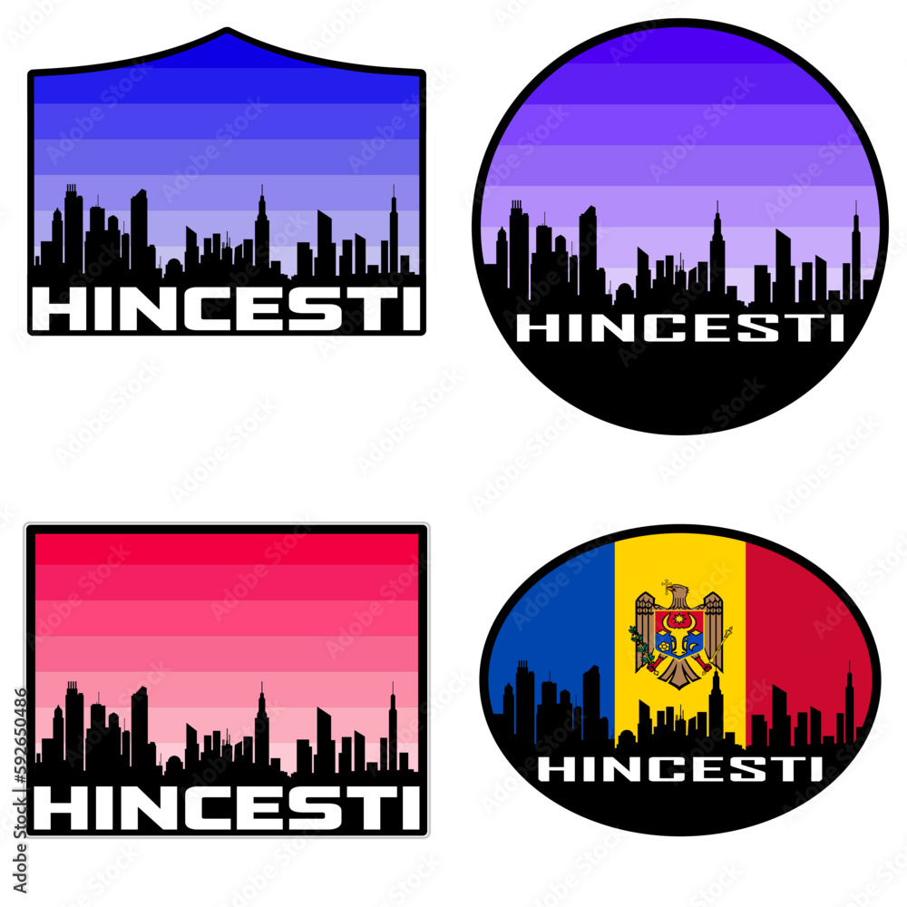 Hincesti Skyline Silhouette Moldova Flag Travel Souvenir Sticker Sunset Background Vector Illustration SVG EPS AI
