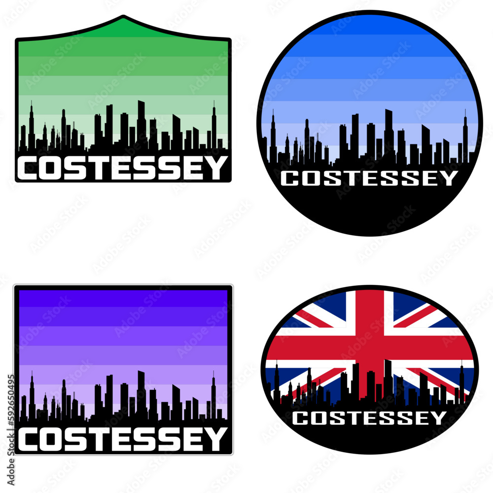 Costessey Skyline Silhouette Uk Flag Travel Souvenir Sticker Sunset Background Vector Illustration SVG EPS AI