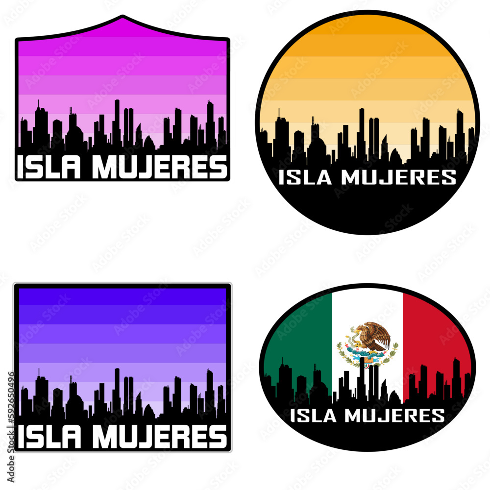 Isla Mujeres Skyline Silhouette Mexico Flag Travel Souvenir Sticker Sunset Background Vector Illustration SVG EPS AI