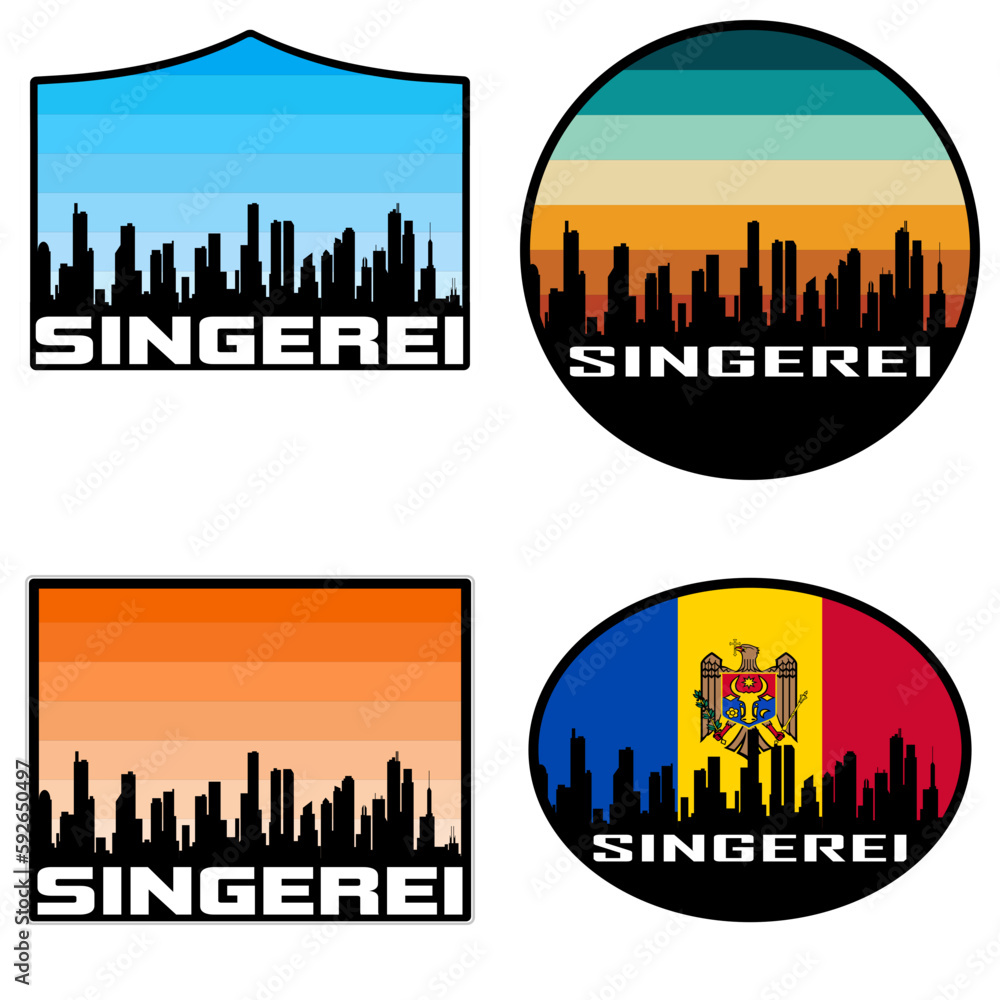 Singerei Skyline Silhouette Moldova Flag Travel Souvenir Sticker Sunset Background Vector Illustration SVG EPS AI