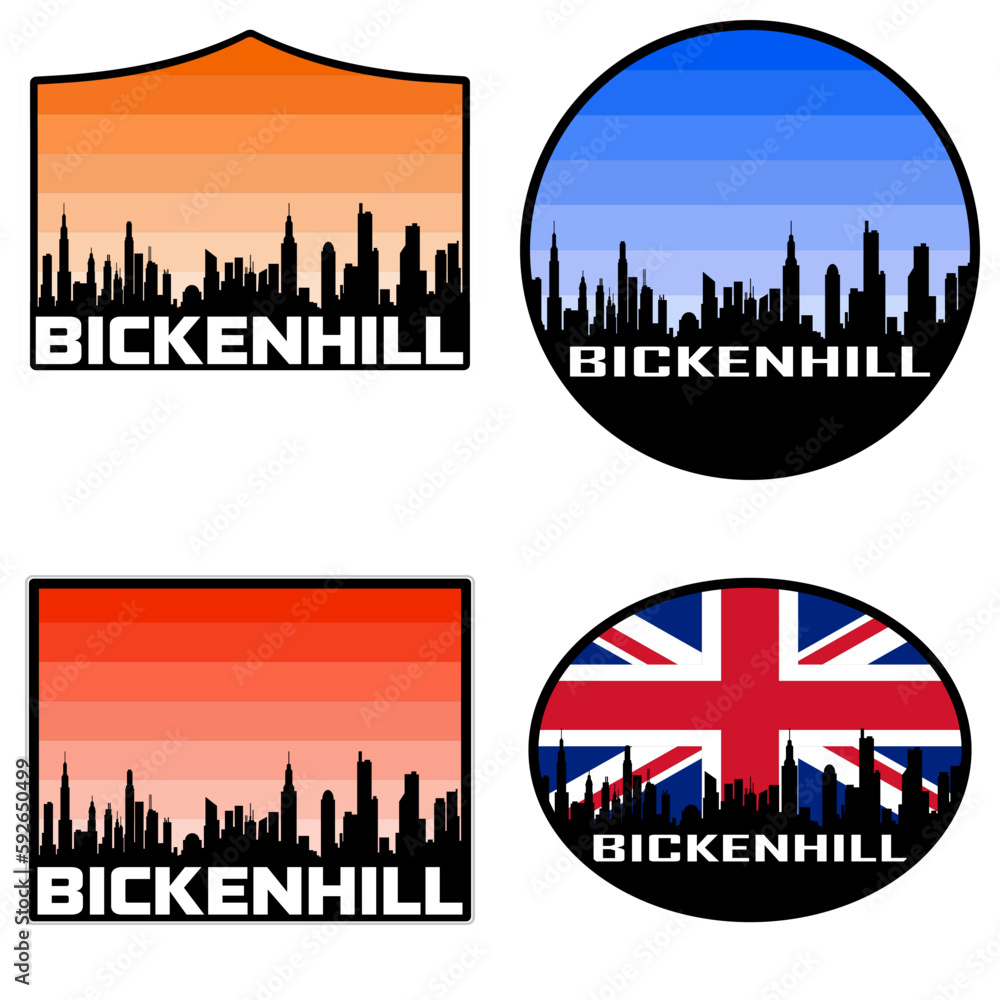 Obraz premium Bickenhill Skyline Silhouette Uk Flag Travel Souvenir Sticker Sunset Background Vector Illustration SVG EPS AI