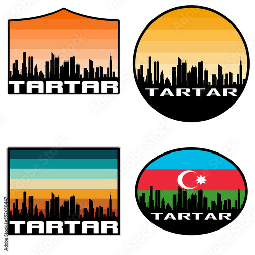 Tartar Skyline Silhouette Azerbaijan Flag Travel Souvenir Sticker Sunset Background Vector Illustration SVG EPS AI
