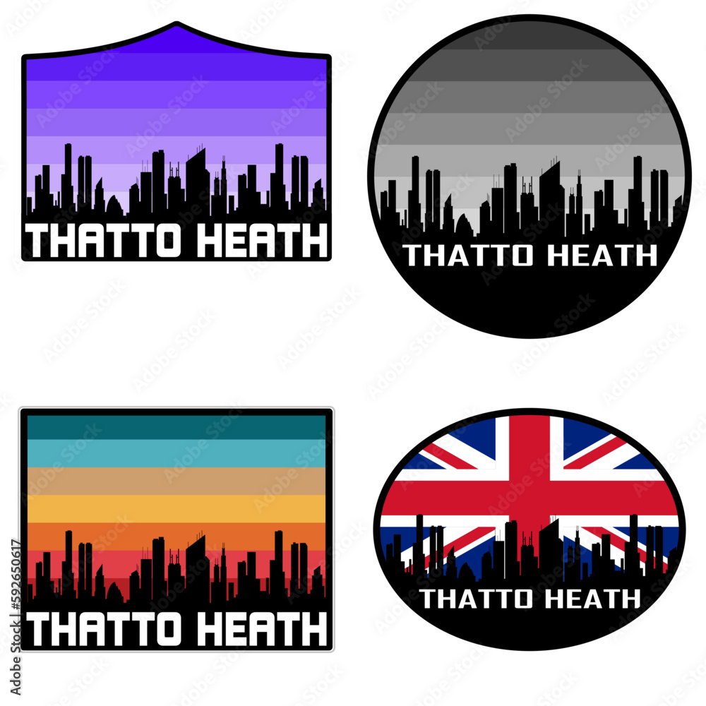 Thatto Heath Skyline Silhouette Uk Flag Travel Souvenir Sticker Sunset Background Vector Illustration SVG EPS AI