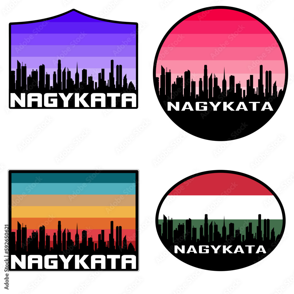 Nagykata Skyline Silhouette Hungary Flag Travel Souvenir Sticker Sunset Background Vector Illustration SVG EPS AI