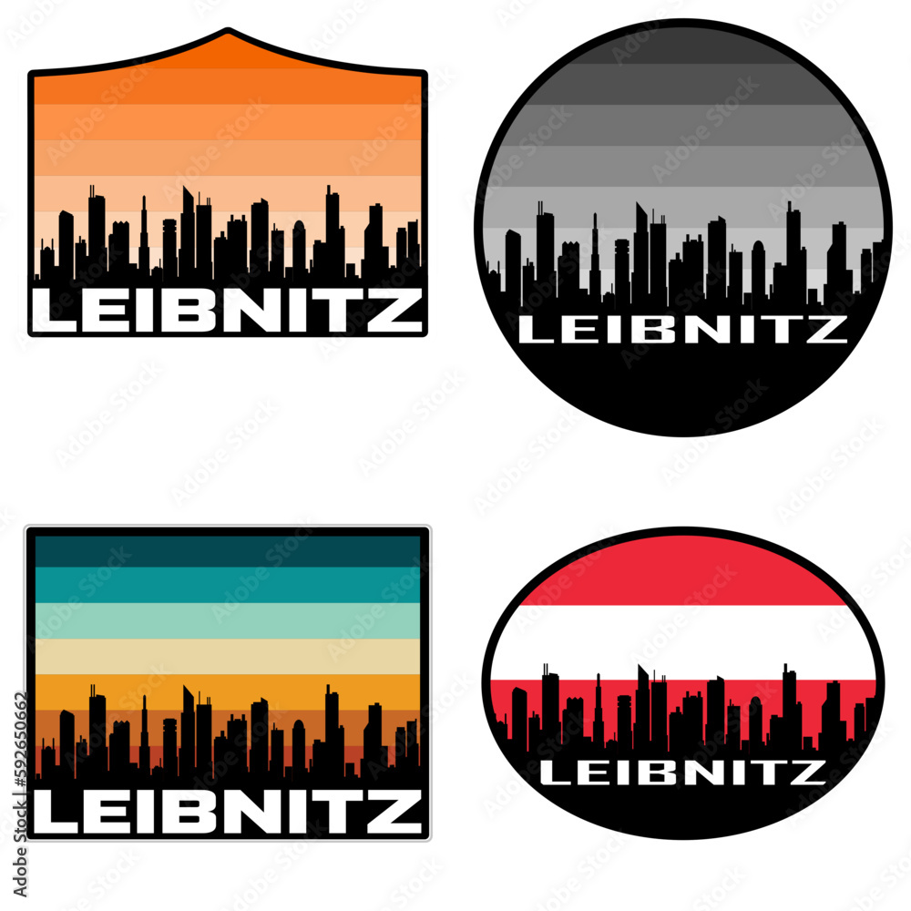 Leibnitz Skyline Silhouette Austria Flag Travel Souvenir Sticker Sunset Background Vector Illustration SVG EPS AI