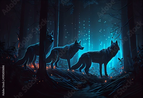 night scene of glowing wolves in the dark forest  digital art style  illustration painting. Generative AI