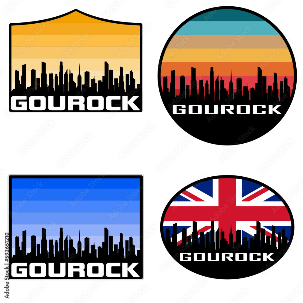Gourock Skyline Silhouette Uk Flag Travel Souvenir Sticker Sunset Background Vector Illustration SVG EPS AI